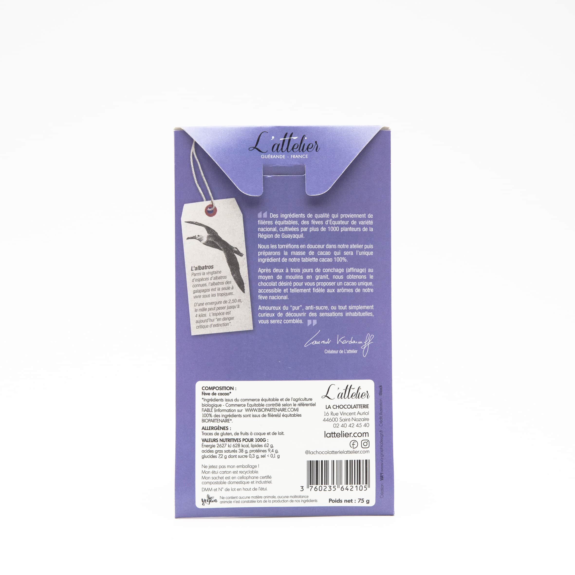 Tablette Chocolat Noir 100% origine Equateur 75g Bean to Bar