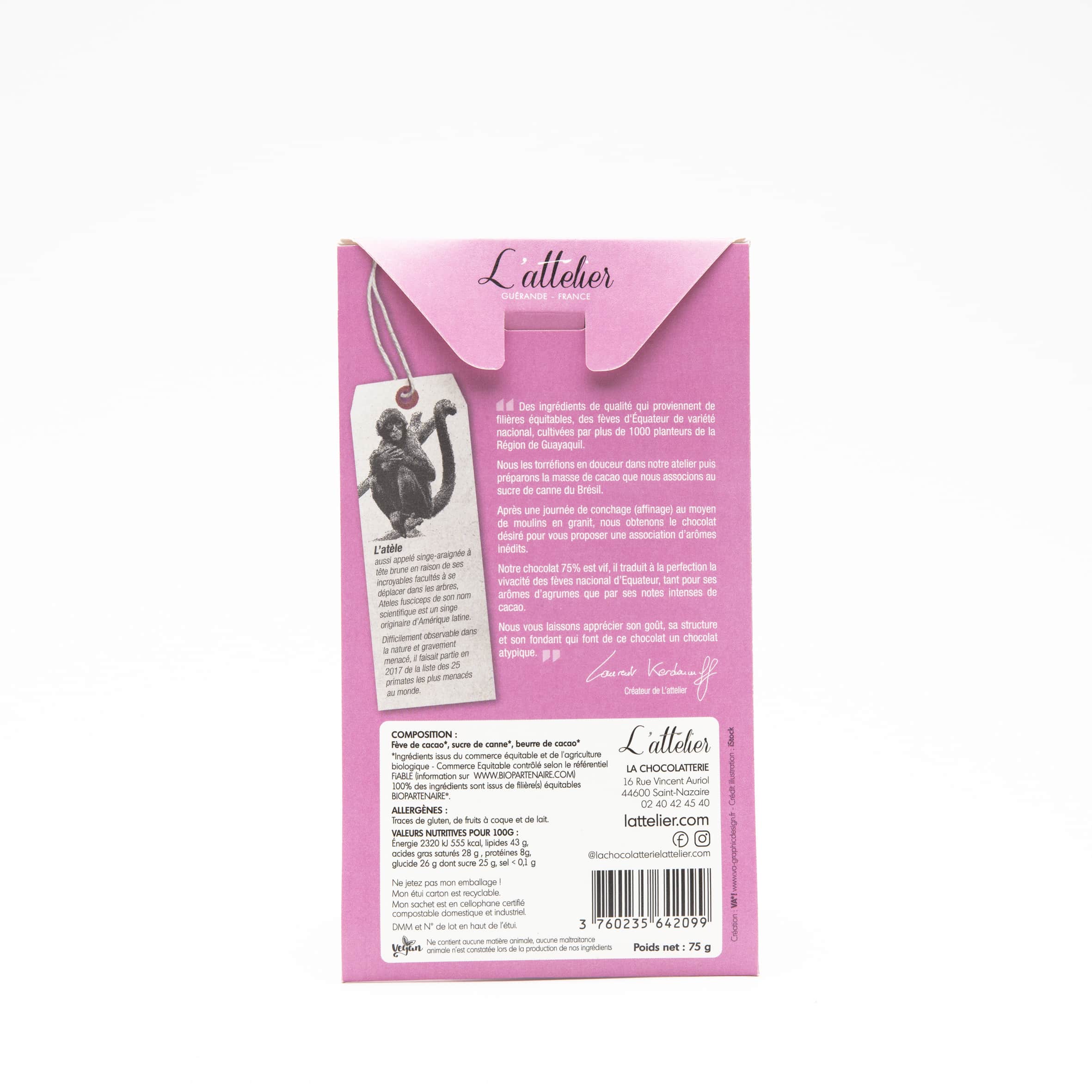 Tablette Chocolat Noir 75% origine Equateur 75g Bean to Bar