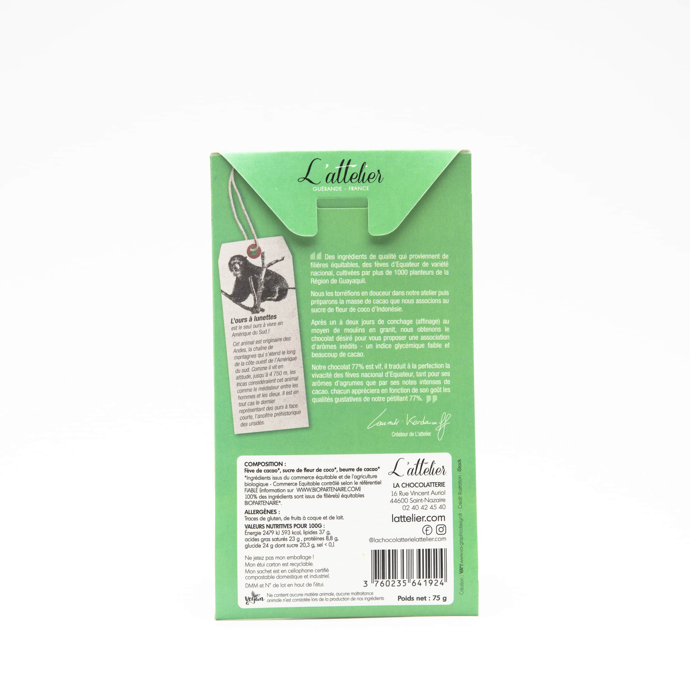 Tablette Chocolat Noir Sucre Fleur Coco 77% origine Equateur 75g Bean to Bar
