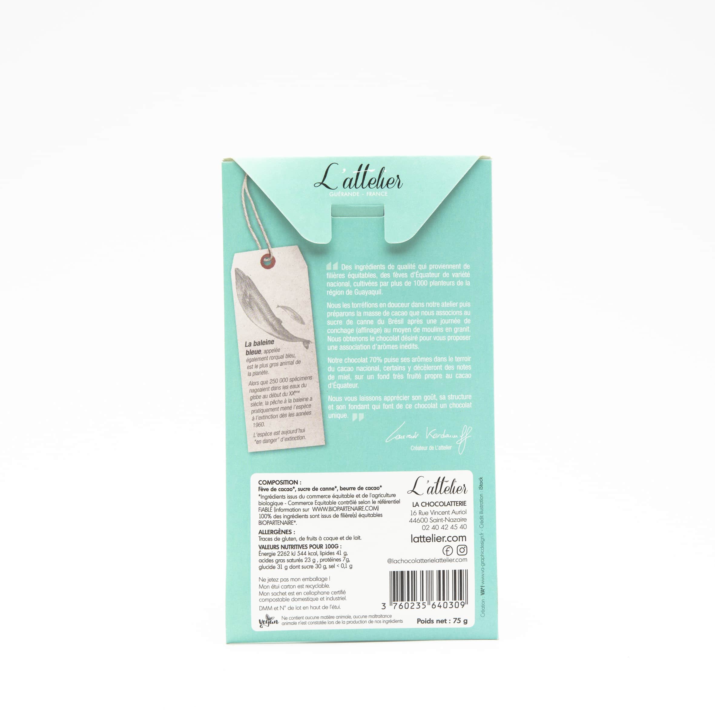 Tablette Chocolat Noir 70% origine Equateur 75g Bean to Bar