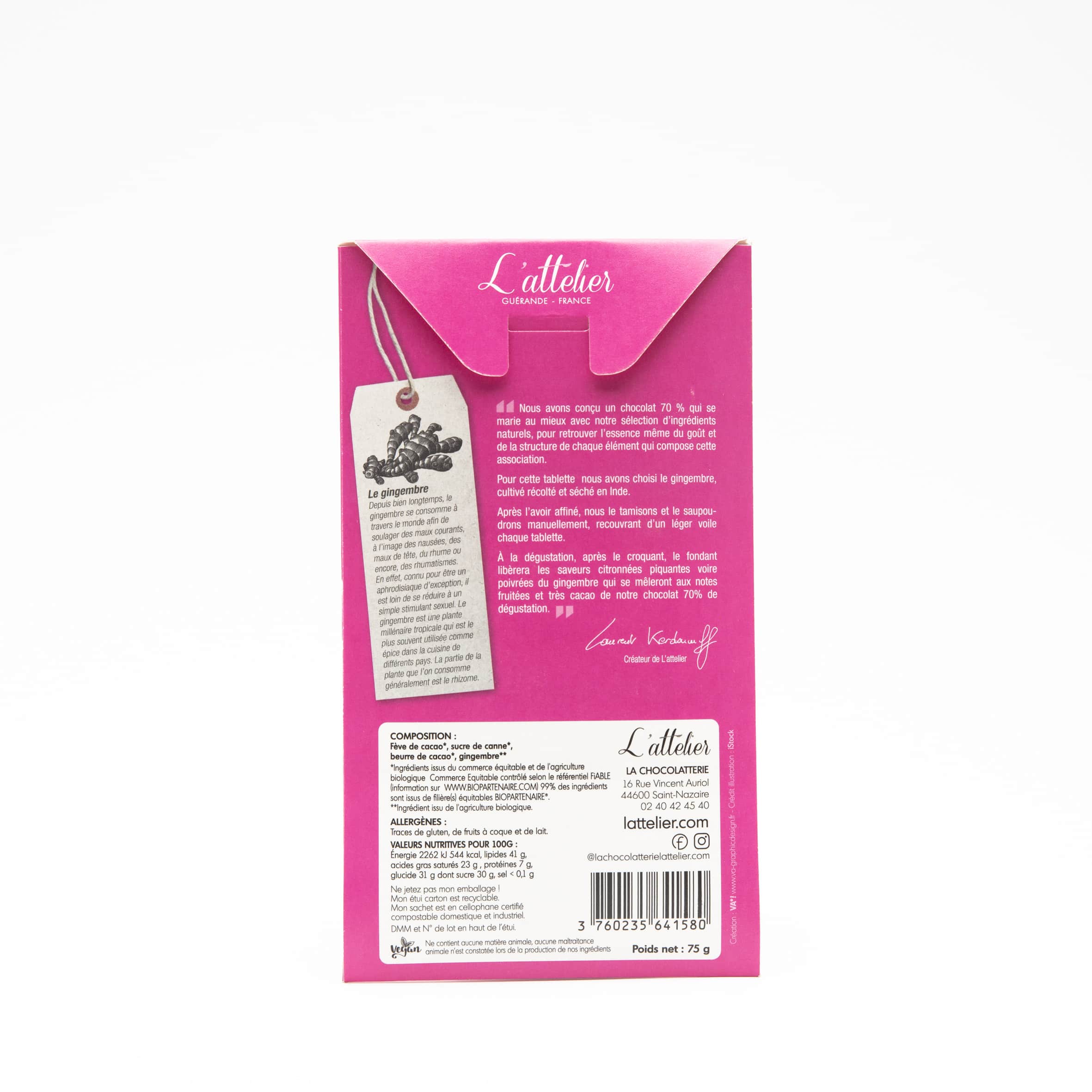 Tablette Chocolat Noir Gingembre 70% 75g