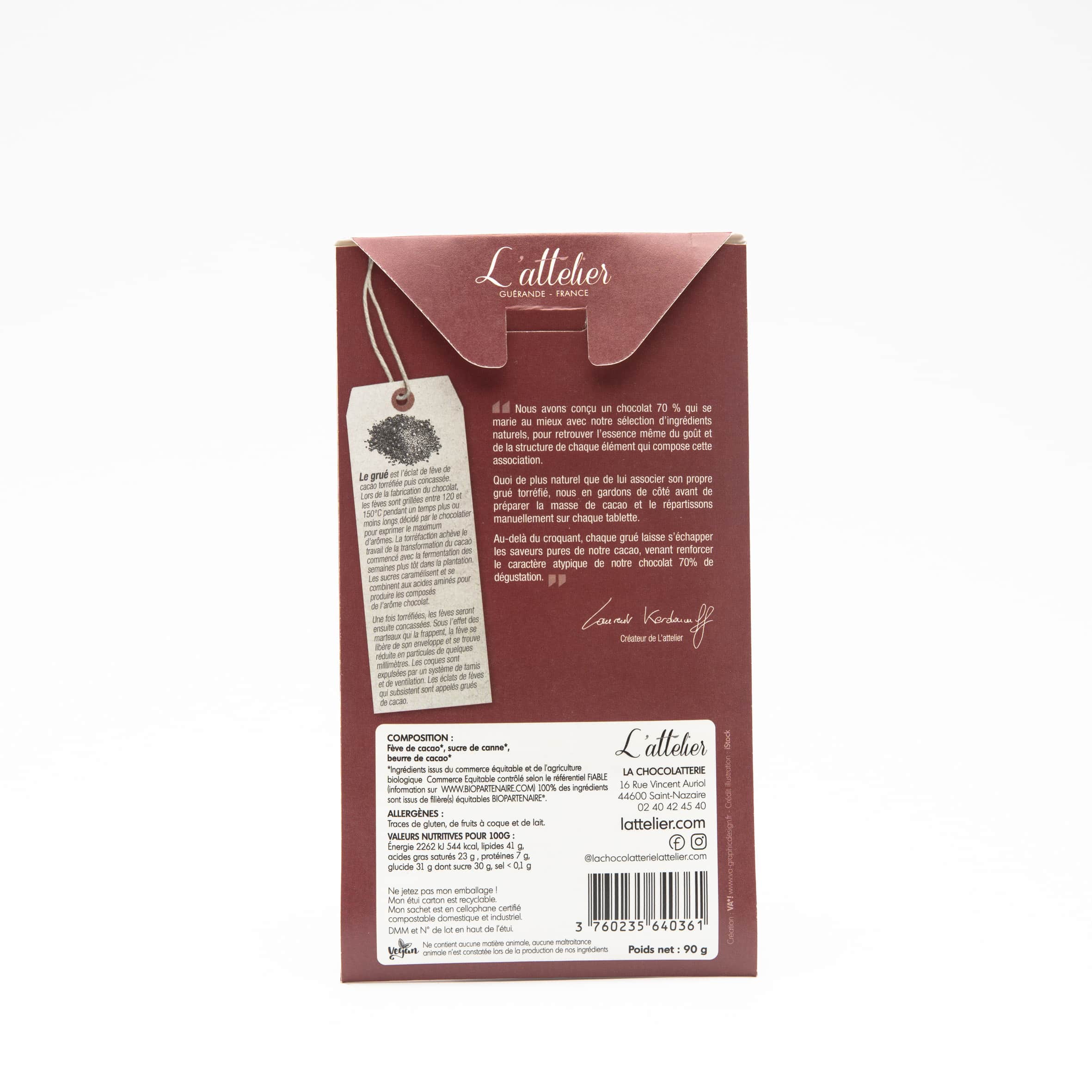 Tablette Chocolat Noir Grué Cacao 70% 85g
