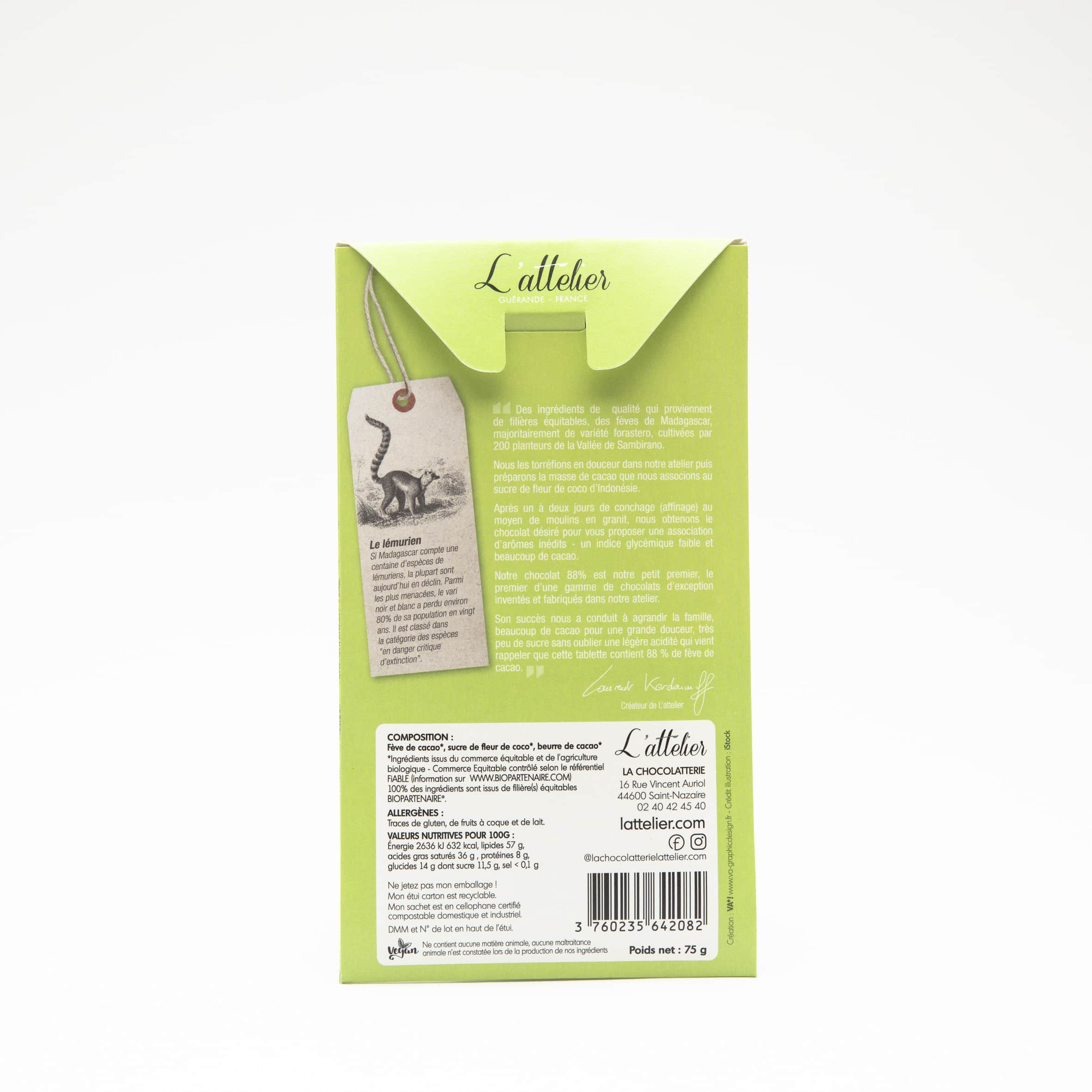 Tablette Chocolat Noir Sucre Fleur Coco 88% origine Madagascar 75g Bean to Bar