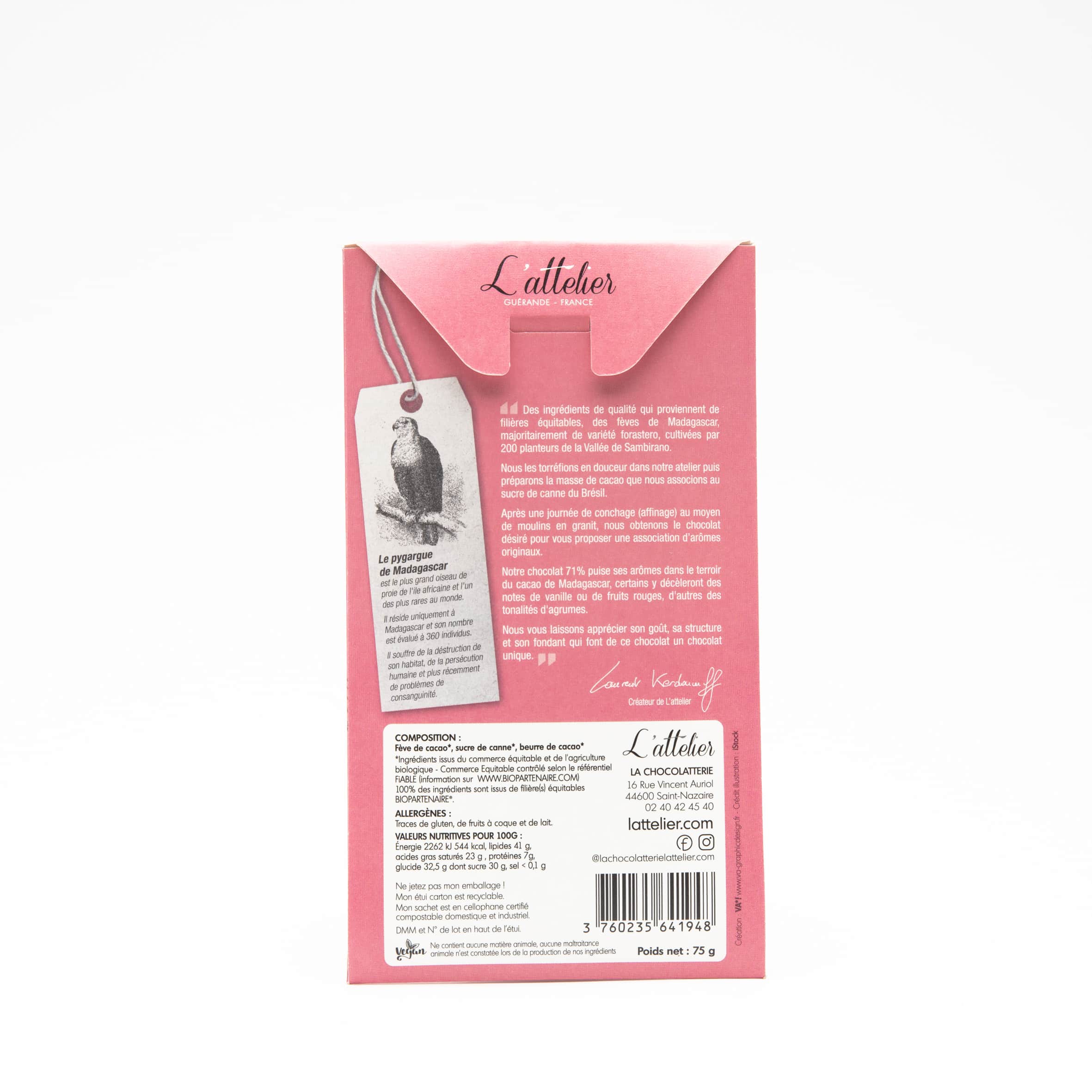 Tablette Chocolat Noir 71% origine Madagascar 75g Bean to Bar