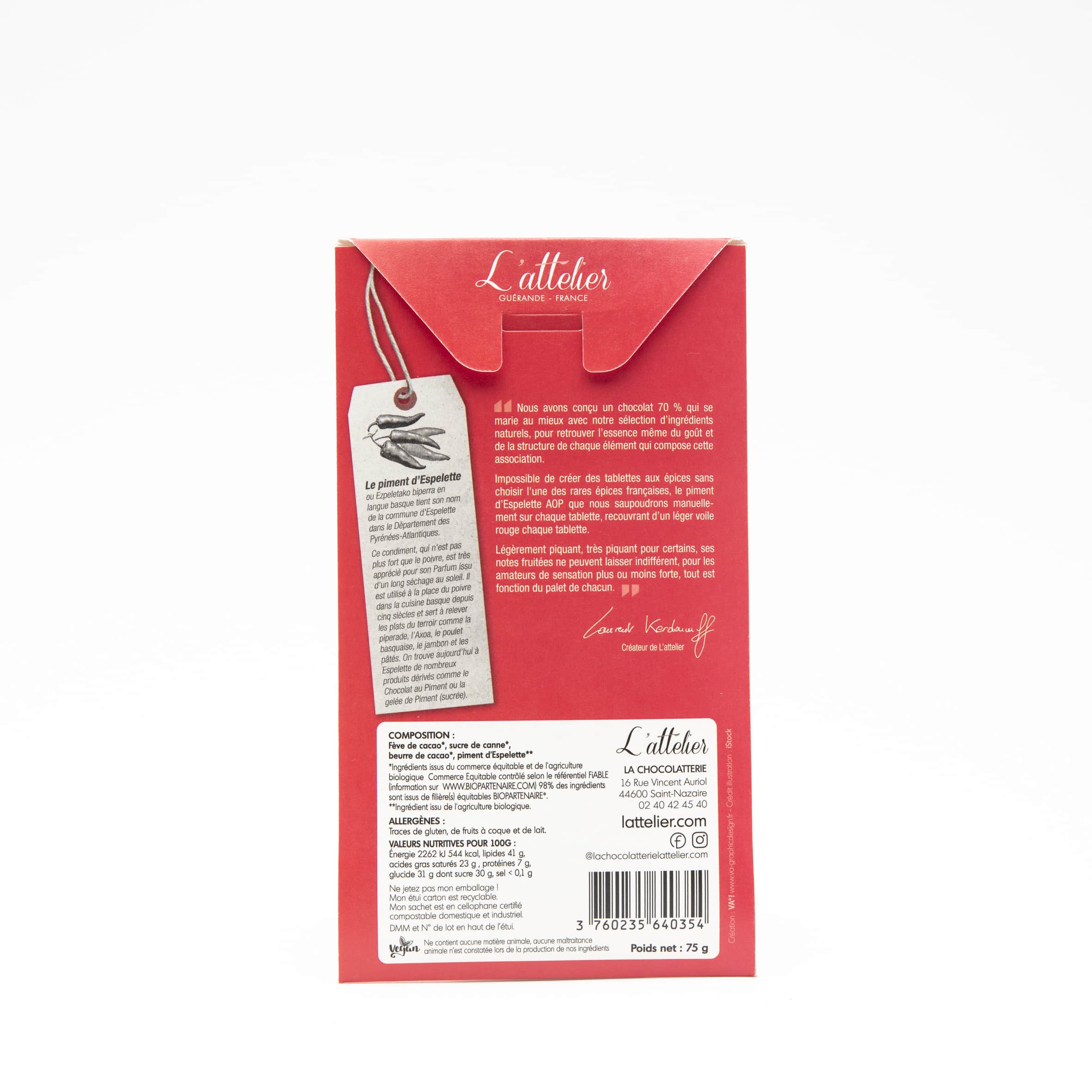 Tablette Chocolat Noir Piment Espelette 70% 75g