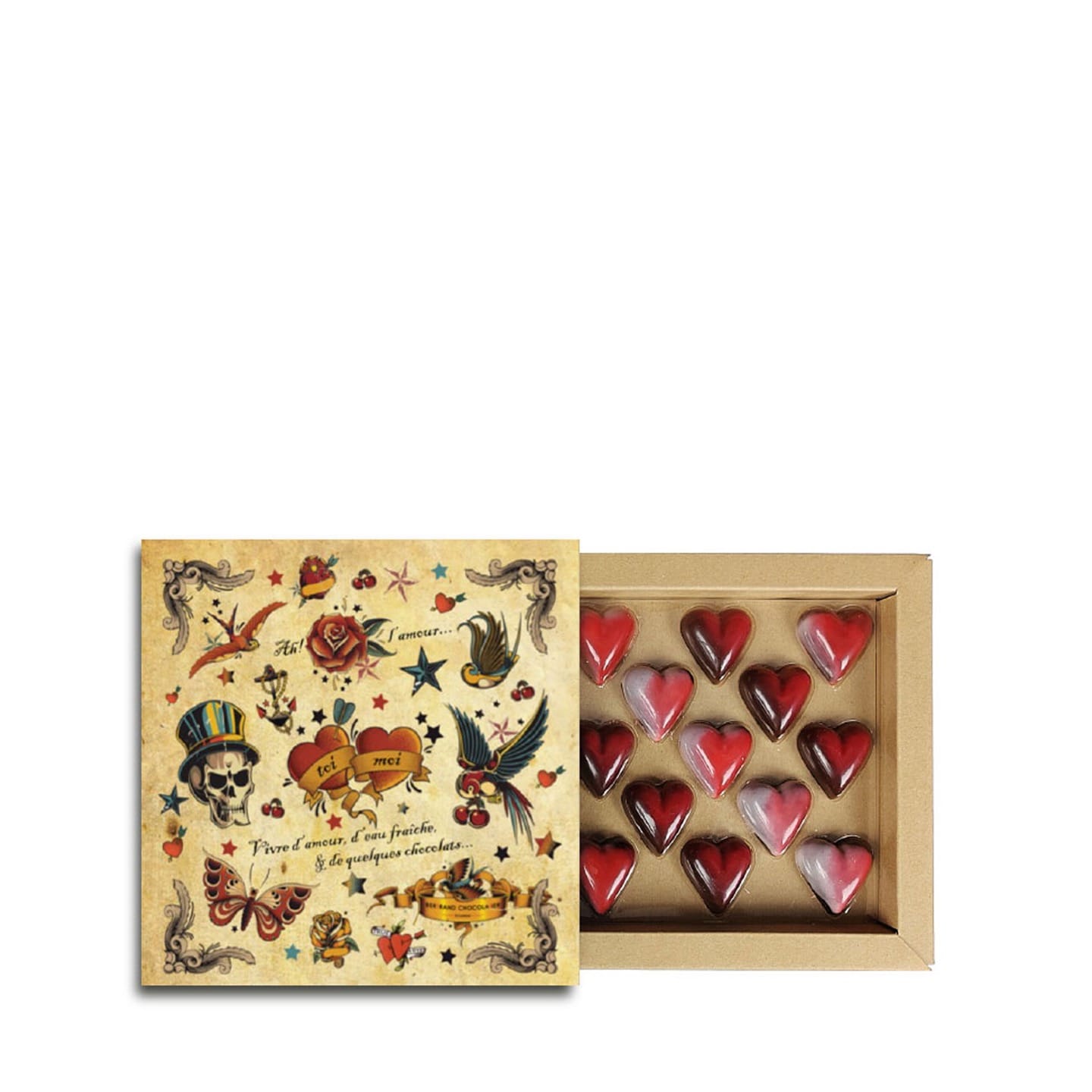 Coeurs Ganaches & Pralinés Chocolat Saint Valentin 130g - 13 pièces Tatoos