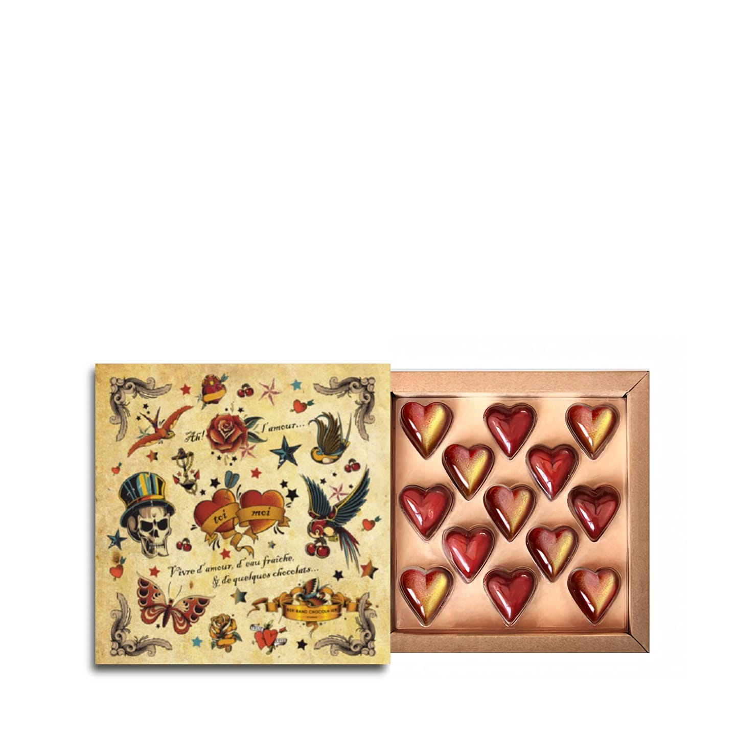 Praliné Maïs & Ganache Fraise St Valentin 2024 250g - 13 pièce Coeur Tattoo
