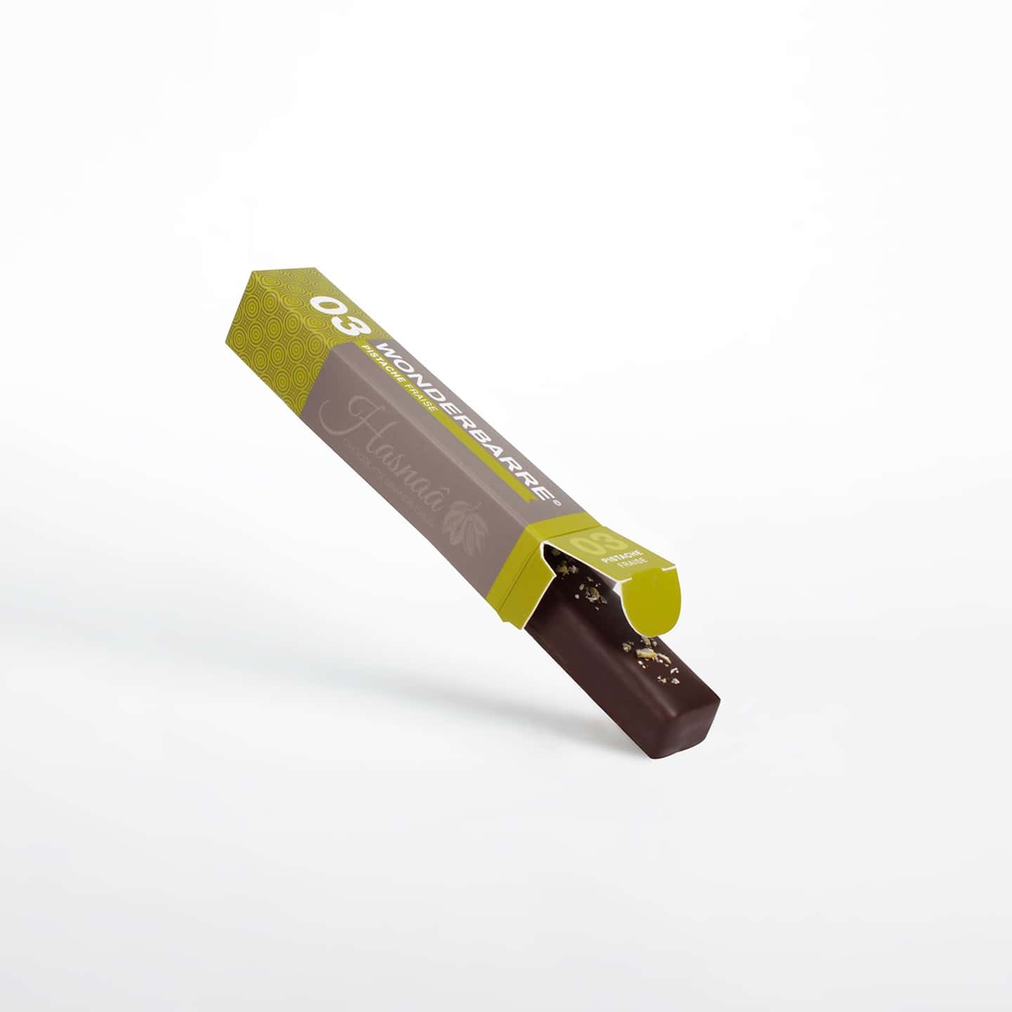 Chocolat Noir, Gianduja et Ganache Pistache, Pâte de Fruit Fraise 50g Wonderbarre ®