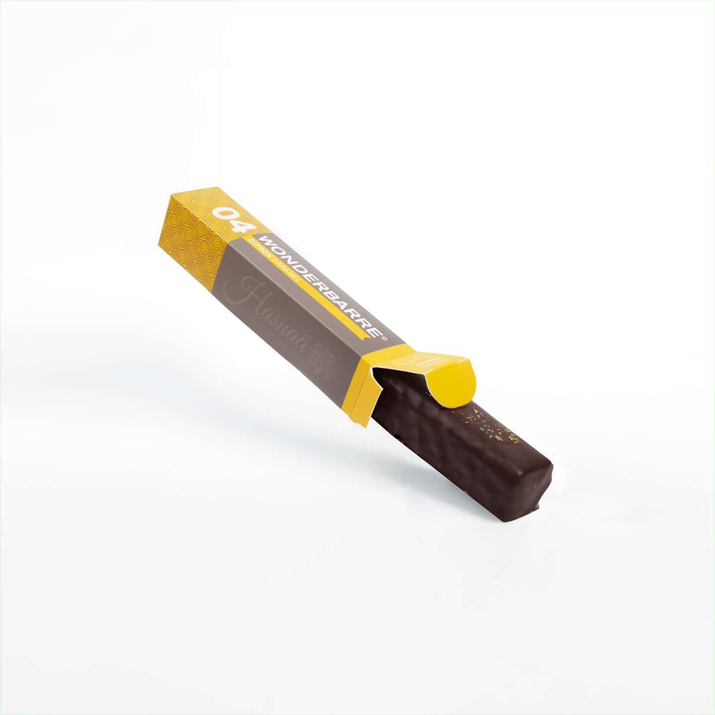 Chocolat Noir, Sablé, Ganache Caramel, Pâte de Fruit Citron 50g Wonderbarre ®