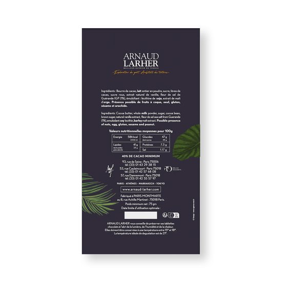 Tablette Chocolat Lait Fleur de Sel 40% 75g