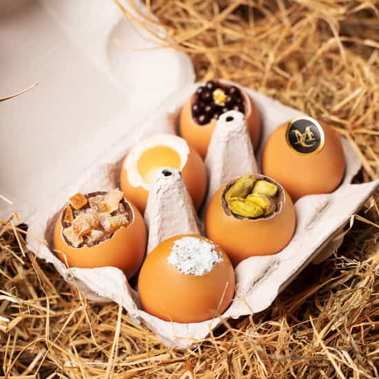 Maison Chaudun Oeufs de Pâques Chocolat Coco, Coque, Caviar, Dur, Orange & Pistache Boîte 6 Œufs