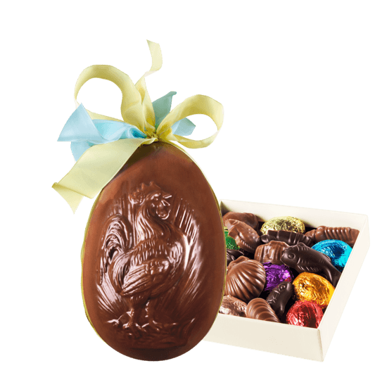 Palomas Oeuf de Pâques Chocolat Lait, Garni Chanteclerc 15cm + Coffret de Garniture