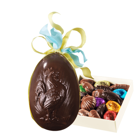 Palomas Oeuf de Pâques Chocolat Noir, Garni Chanteclerc 15cm + Coffret de Garniture