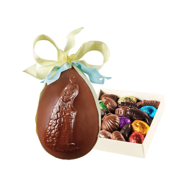 Palomas Oeuf de Pâques Chocolat Lait, Garni Paon 15cm + Coffret de Garniture