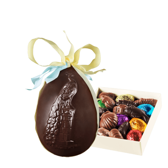 Palomas Oeuf de Pâques Chocolat Noir, Garni Paon 15cm + Coffret de Garniture