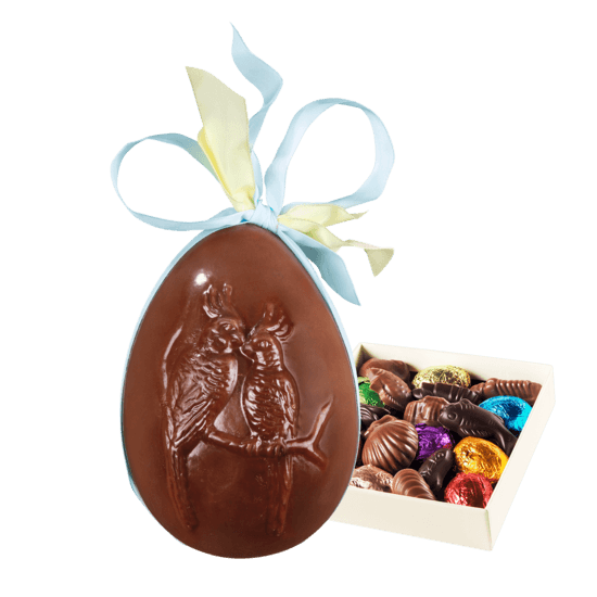 Palomas Oeuf de Pâques Chocolat Lait, Garni Perruches 15cm + Coffret de Garniture